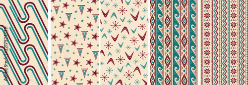 Vintage varsity jersey pattern vector background set. Featuring stars and pennants, woodcut waves, atomic boomerangs, Fair Isle knit and retro stripes in maroon and teal on cream for sports uniform.