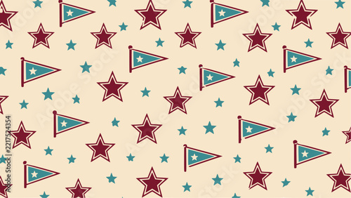 Varsity stars and pennant flags pattern vector background. Featuring maroon outlined stars and teal pennants on cream, americana vintage design for college jersey, team uniform and textile print.