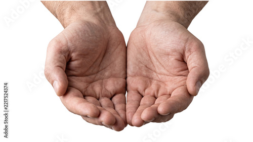 Cupped empty human hands palms facing up isolated on transparent background for charity concepts giving help gestures and product display demonstrations.