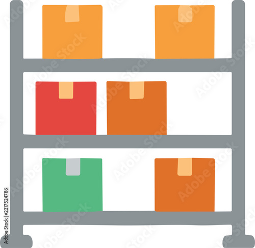Warehouse shelving unit with various cardboard shipping boxes representing inventory and supply chain management