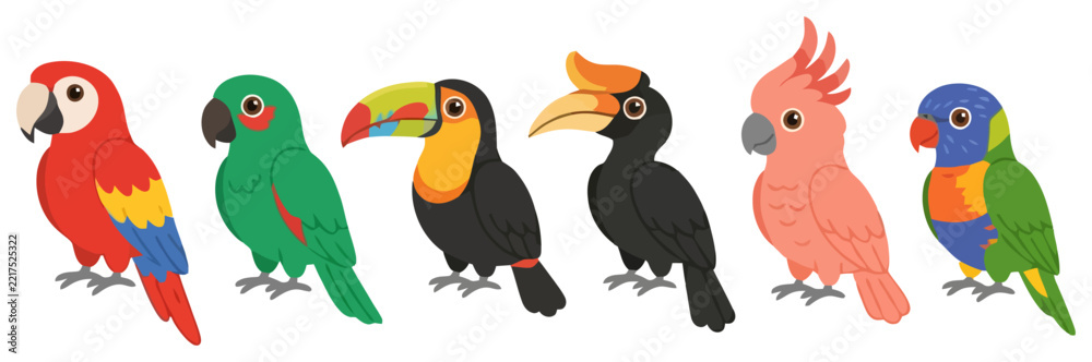 Fototapeta premium A collection of six colorful cartoon tropical birds standing in a row.