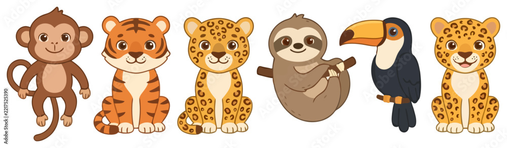Fototapeta premium A collection of cute cartoon jungle animals including a monkey tiger leopard sloth and toucan.