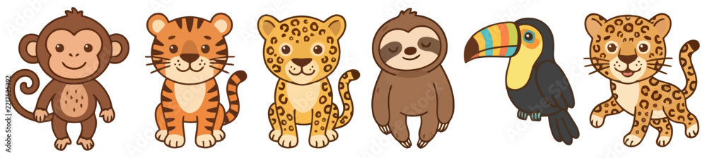 Fototapeta premium Cute cartoon jungle animals collection featuring a monkey tiger leopard sloth and toucan.