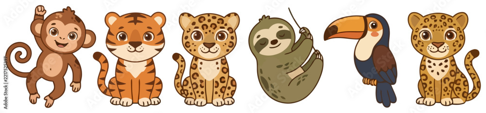 Fototapeta premium Cute cartoon jungle animal characters set including monkey tiger leopard sloth and toucan.