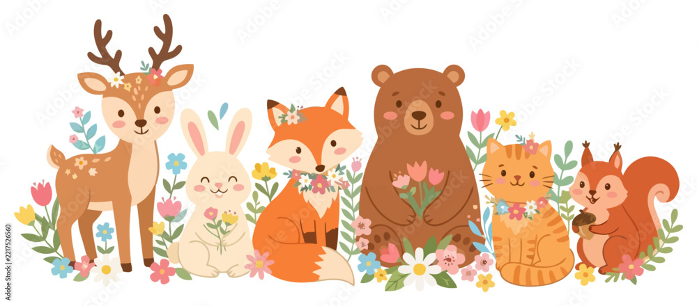 Fototapeta premium Cute woodland animals illustration featuring a deer rabbit fox bear cat and squirrel.