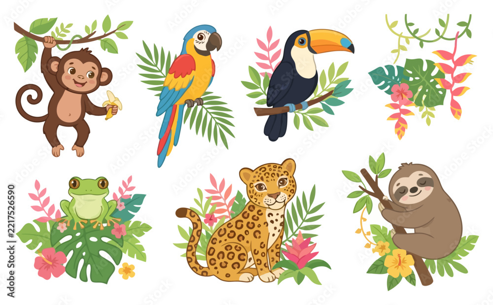 Fototapeta premium A collection of cute jungle animals including a monkey parrot toucan frog leopard and sloth.