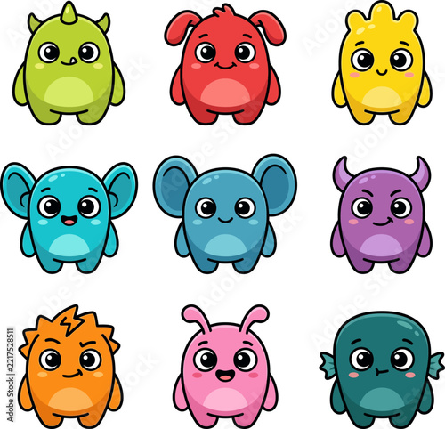 Cute colorful monster avatar character set