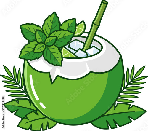 Tropical coconut mint drink with fresh mint leaves