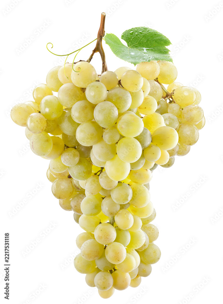 Naklejka premium Bunch of ripe green white table grapes with stem with clipping