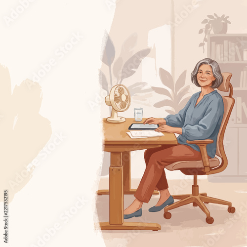 Older woman working at a desk with a fan in a cozy home office  