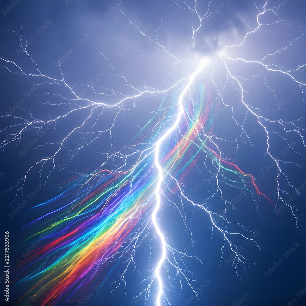 Fototapeta premium Climate change and extreme weather, lightning strike with rainbow light refraction in dark storm clouds during a powerful atmospheric electrical event