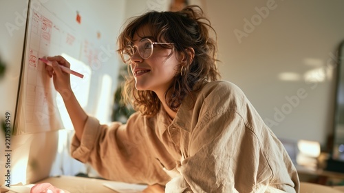 National Mammography Day: wide banner photograph of a woman in a cozy bright home office marking a date on a wall calendar with a pink marker, small pink ribbon on the desk