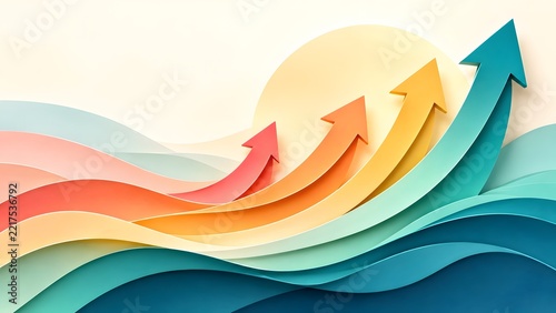 Abstract paper cut waves with rising arrows symbolizing growth success and positive trends against a soft sun background vibrant colors