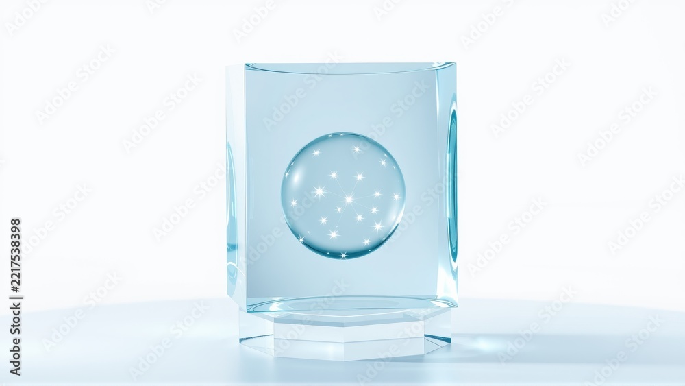 Fototapeta premium Glass cube contains glowing stars. Minimalist design, clean aesthetic, bright illumination, simple geometry, modern presentation.