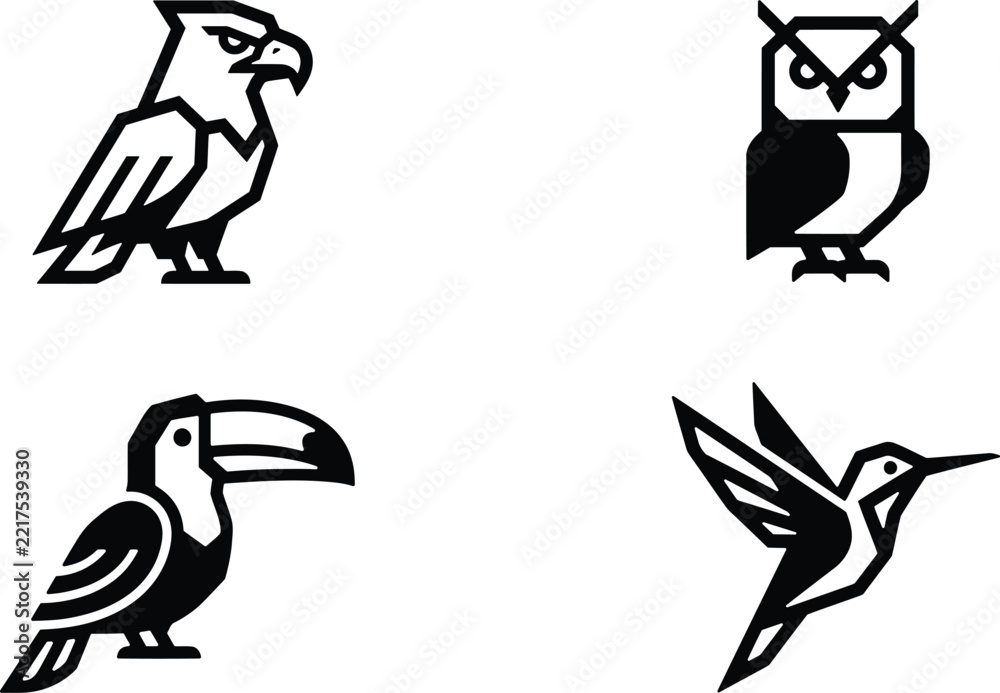 Fototapeta premium A set of four minimalist black and white bird icons featuring an eagle an owl a toucan and hummingbird