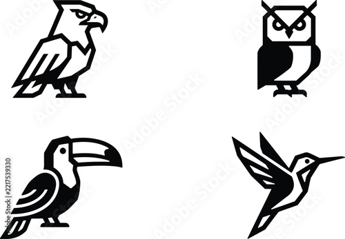 A set of four minimalist black and white bird icons featuring an eagle an owl a toucan and hummingbird