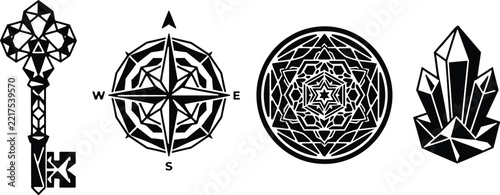 A collection of mystical black and white line art illustrations featuring an antique key compass coin and crystal cluster