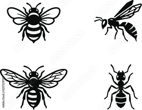 A collection of hand drawn vintage style illustrations featuring various bees and insects isolated on a white background