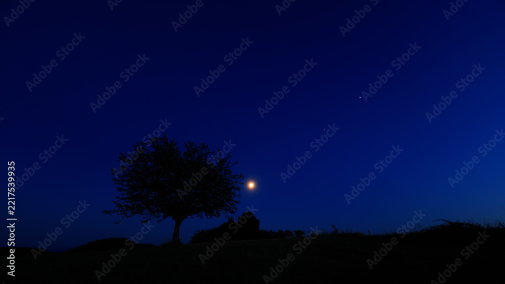 Fototapeta premium Moon on a twilight sky with stars, planets and landscape mountain silhouettes.