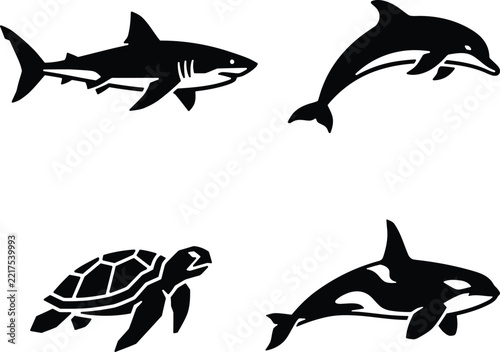 A collection of black silhouette icons featuring various marine animals including a shark dolphin sea turtle and killer whale