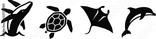 Set of black silhouette icons featuring a breaching whale a sea turtle a manta ray and a jumping dolphin