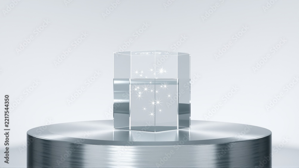Fototapeta premium Crystal cube contains glowing stars. Silver base reflects light. Minimalist studio shot, clean background, elegant presentation.