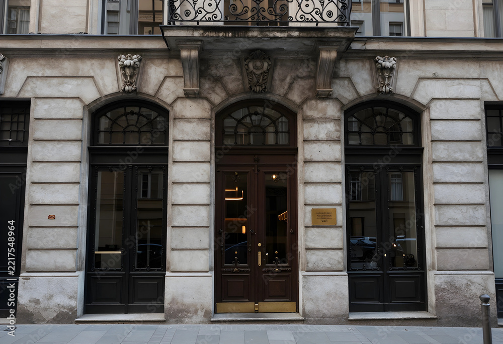 Obraz premium Urban architecture and historic building facade, classic european exterior with ornate stone carvings and dark wooden entrance doors on a city street