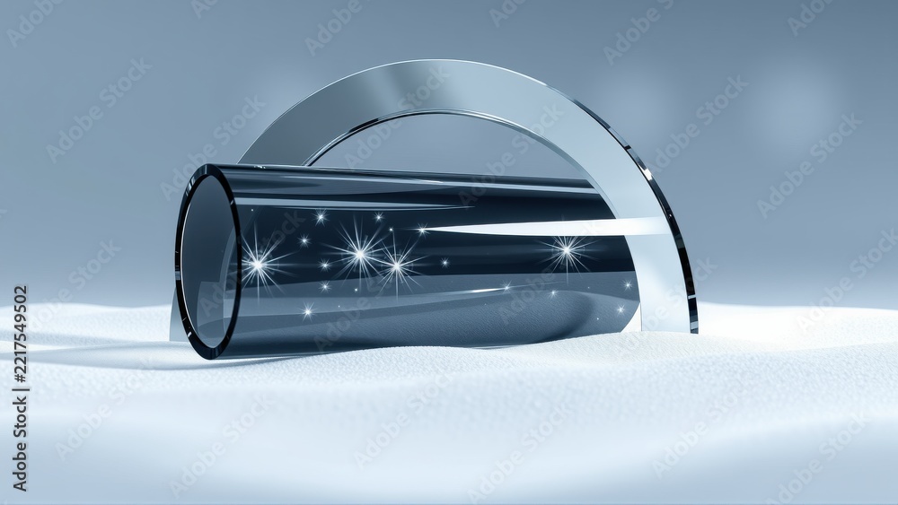 Fototapeta premium Futuristic display shows stars. Shiny metal arc supports curved screen. Minimalist scene, cool tones dominate composition.