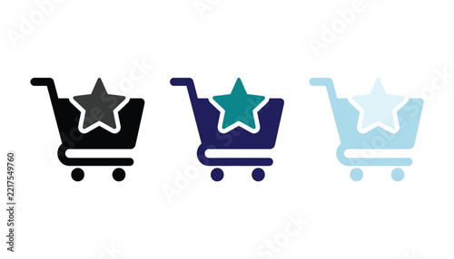 Set of three shopping cart icons with a star symbol, representing favorites or wishlist items, in different color variations on a