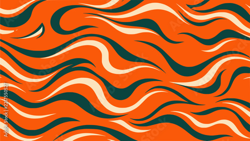 Flowing ribbons pattern vector background. Featuring wavy fluid flame-like swirls in deep teal and cream on blaze orange, liquid design for sports jersey, team uniform and textile print.