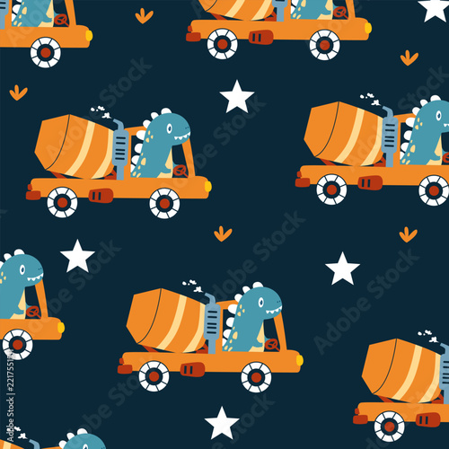 truck cars dino driver cartoon seamless pattren design for kids apparel