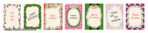 Christmas cards, backgrounds with patterns, frames. Christmas poster designs, frames and borders from whimsical doodle bow, wavy drawing border, stripe and checkered patterns. Vector illustrations set