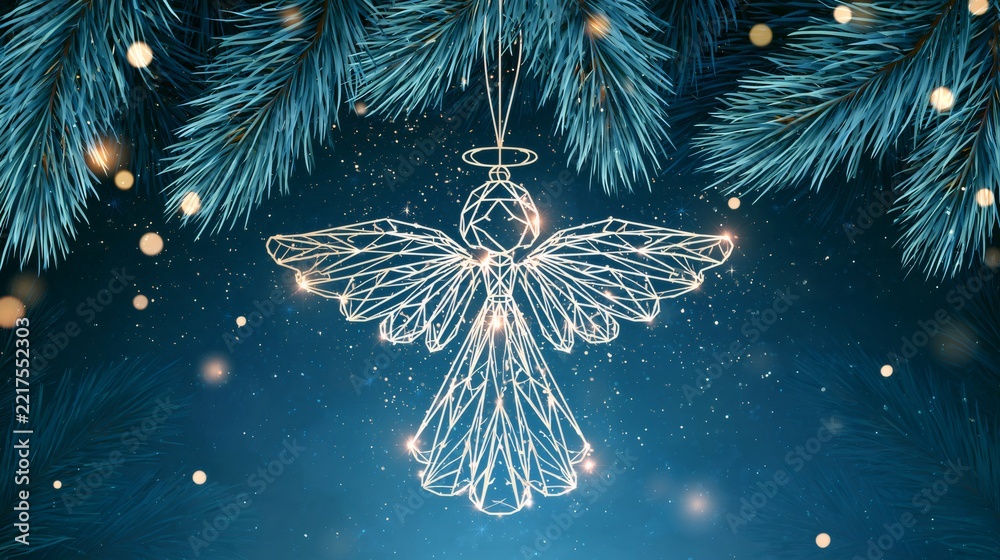 Fototapeta premium Geometric angel ornament hanging on pine branches for holiday