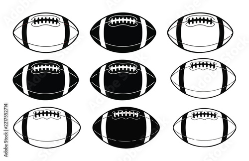 Graphic american football balls collection in black and white outlined styles for sports branding.