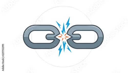 Broken metallic chain link with colorful electric sparks, symbolizing broken connection, error, and separation.