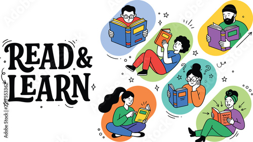 Diverse People Reading Books, Illustration of Learning and Knowledge. Educational Concept