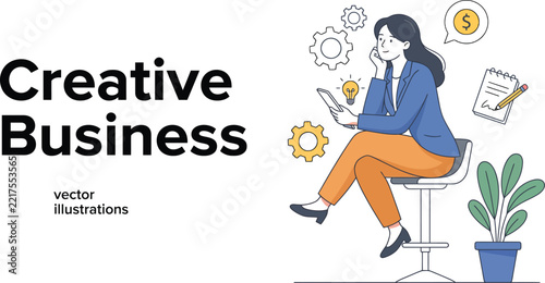 Creative Business, Vector Illustration of a Woman Reading and Brainstorming Ideas