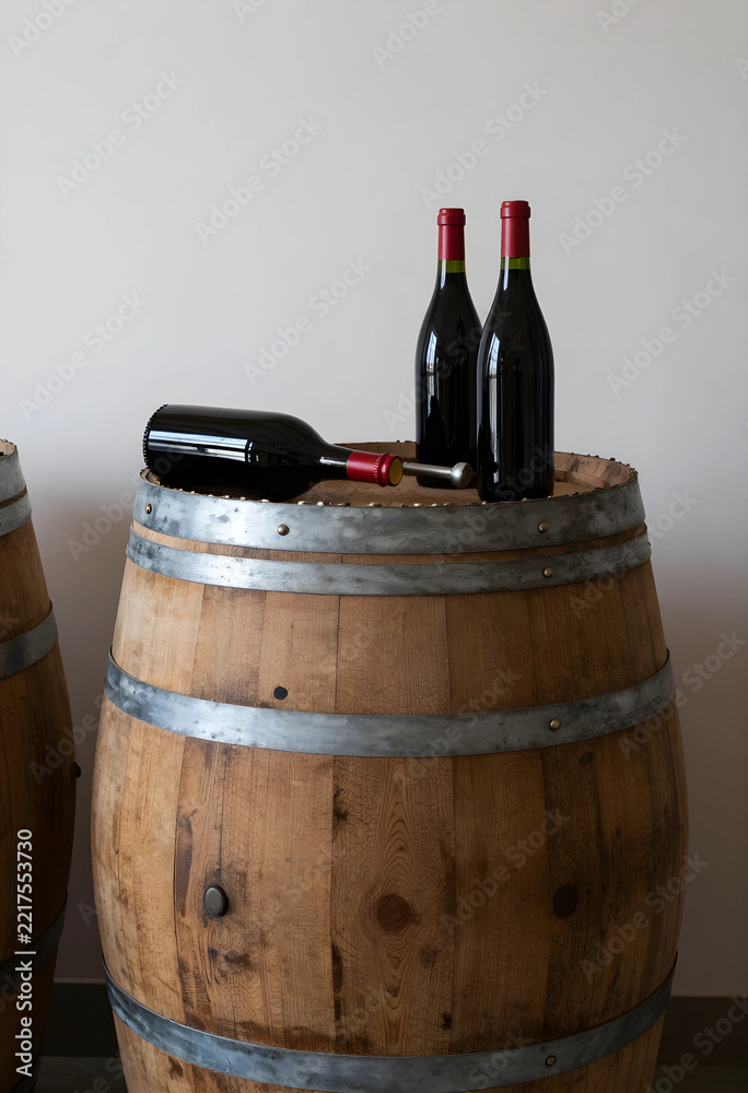 Fototapeta premium Winemaking and viticulture industry, red wine bottles on a rustic wooden barrel in a winery cellar for traditional beverage production and aging process