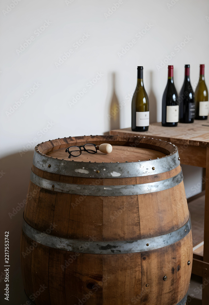 Fototapeta premium Winemaking and viticulture tradition, wooden wine barrel with glasses and bottles in a rustic cellar for craft beverage production and tasting events
