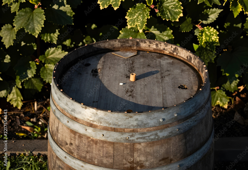 Fototapeta premium Winemaking and viticulture tradition, wooden wine barrel in a vineyard with grape leaves for winery production and organic agriculture industry