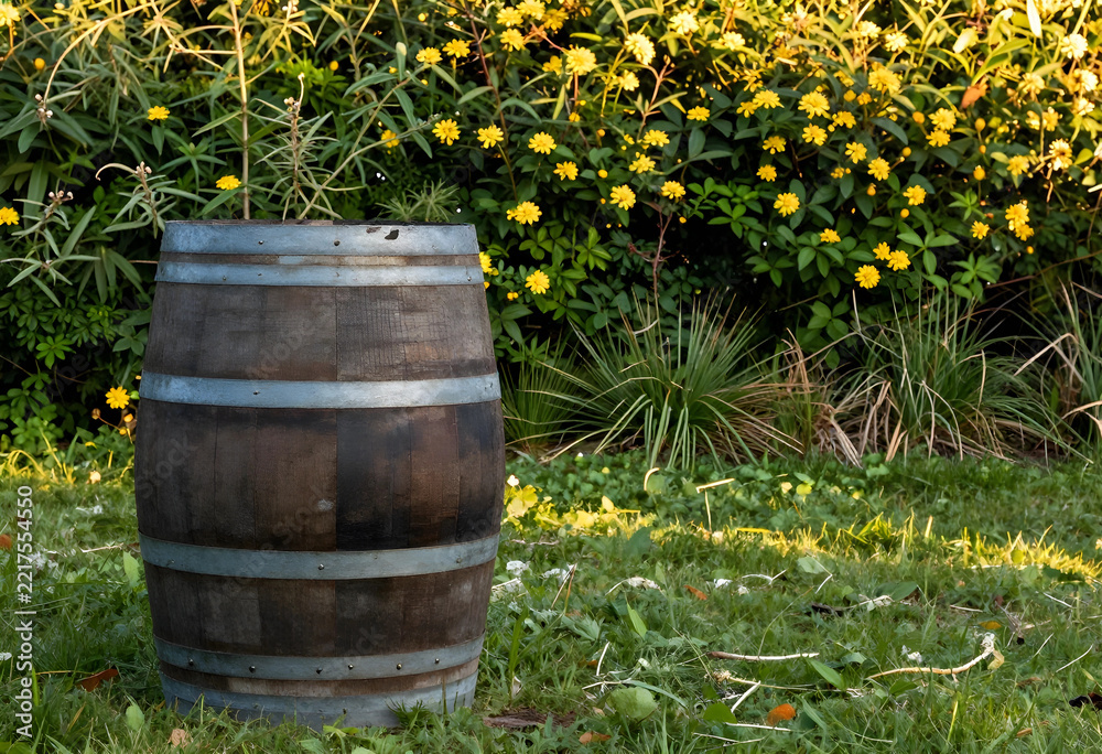 Naklejka premium Winemaking and rustic decor wooden barrel in a garden with yellow flowers for winery branding vineyard lifestyle and traditional craft production