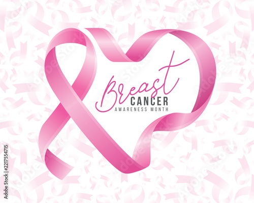 Breast cancer awareness month - Text in pink ribbon awareness roll to heart shape frame on soft pink ribbons texture background vector design