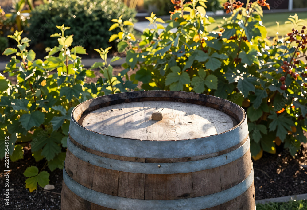 Naklejka premium Winemaking and viticulture tradition, wooden wine barrel in a vineyard garden at sunset for winery production and organic agriculture industry marketing