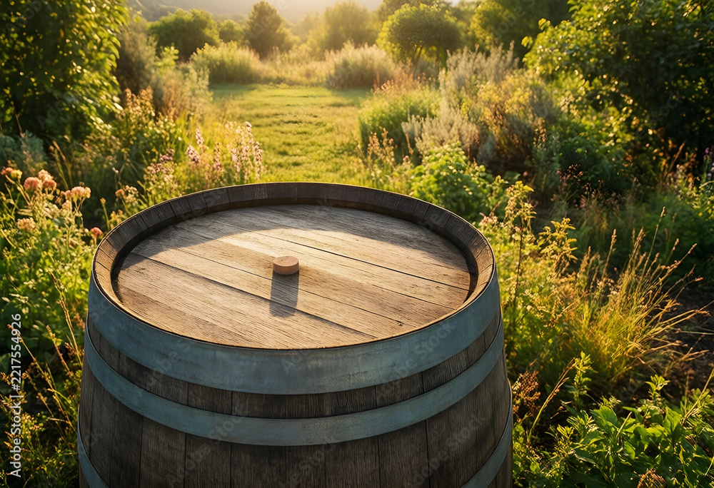 Fototapeta premium Sustainability and organic farming wooden barrel in a lush garden at sunset for agriculture viticulture and natural food production concepts