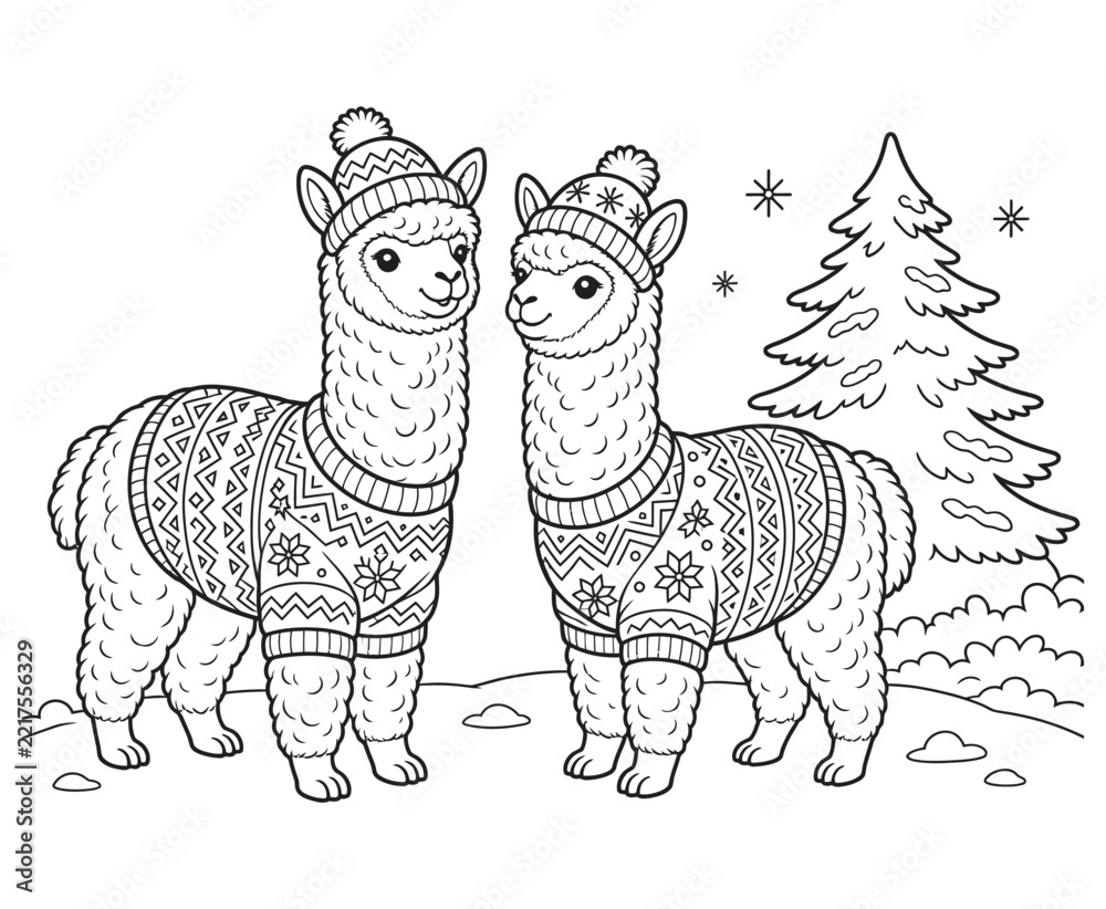Fototapeta premium Cute alpacas in sweaters and hats coloring page for kids.