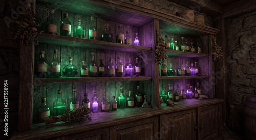 Potion bottles illustration on rustic wooden shelves with glowing green and purple liquids