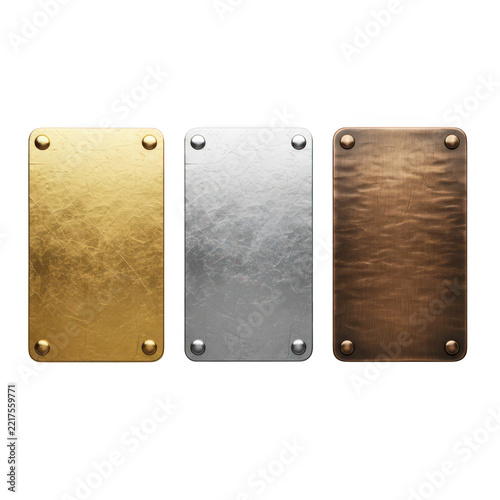 Three scratched metal plates in gold, silver, and bronze finishes with rivets for texture and design elements.