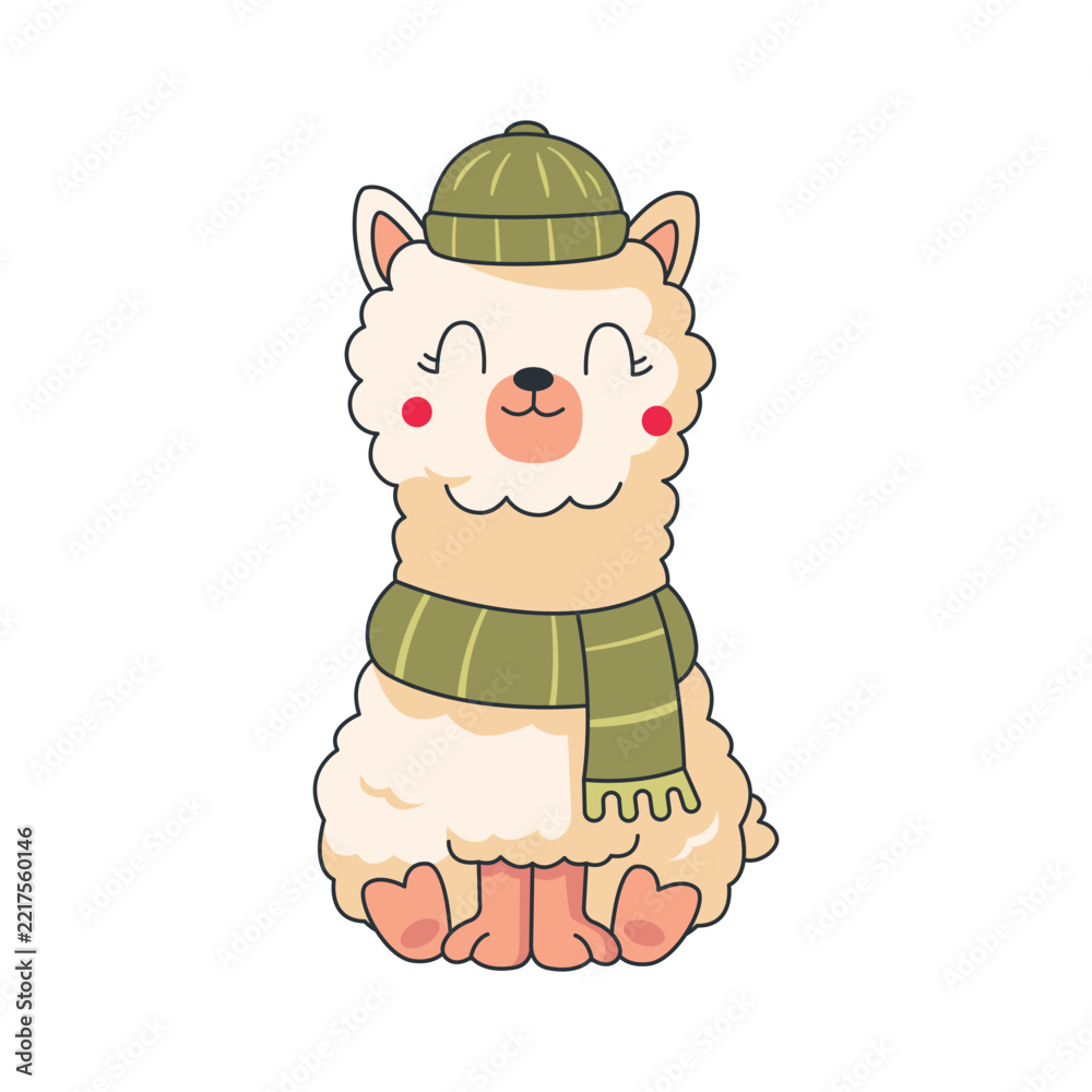 Fototapeta premium Cute Sitting Llama Wearing Beanie Hat And Scarf Vector Illustration