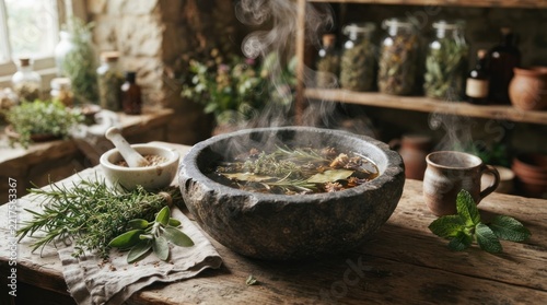 Rustic Herbal Tea Preparation in Stone Bowl on Wooden Table.