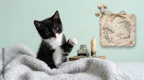 Cute tuxedo kitten on a soft blanket for national cat day